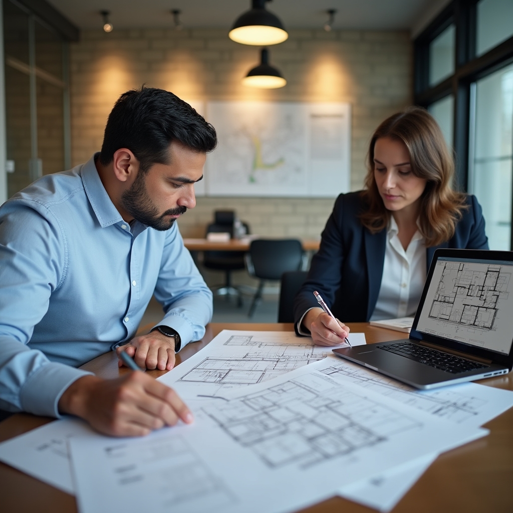 Building administrator reviewing technical waterproofing documentation with consortium members