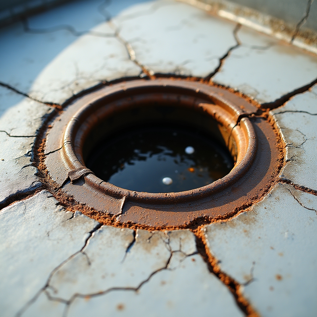 Failed waterproofing around a roof drain collar on a building terrace
