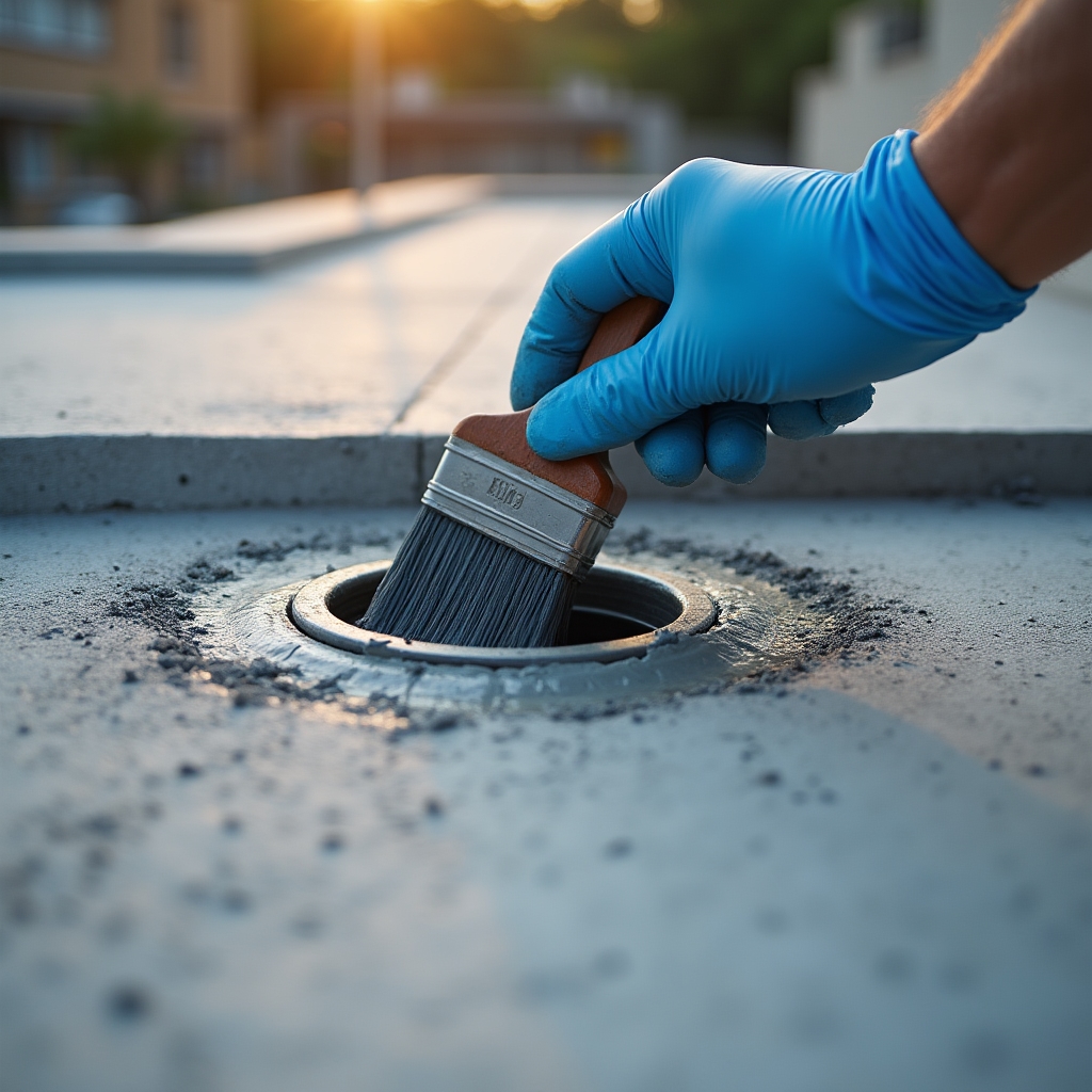 Liquid waterproofing being applied around a drainage collar on a terrace