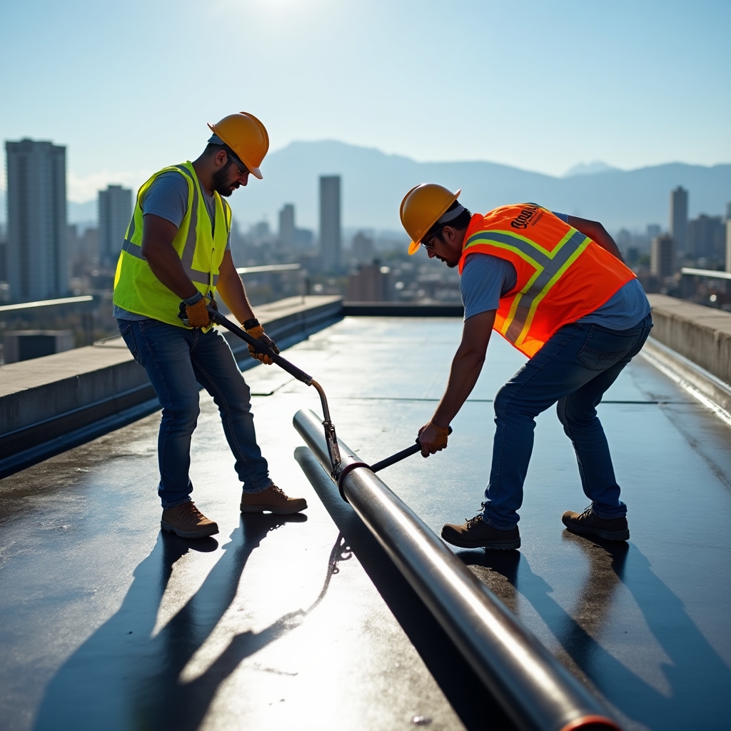 Workers applying waterproofing membrane on a high-rise building rooftop