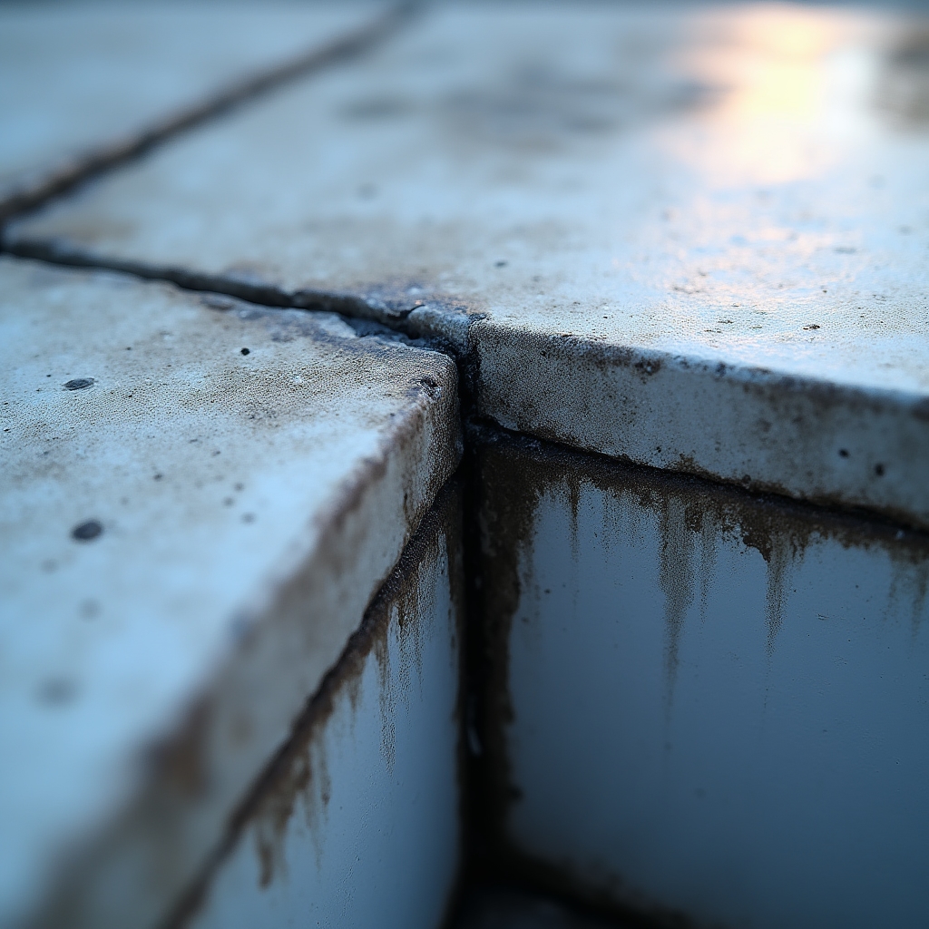 Water damage at the parapet wall and terrace junction showing infiltration staining