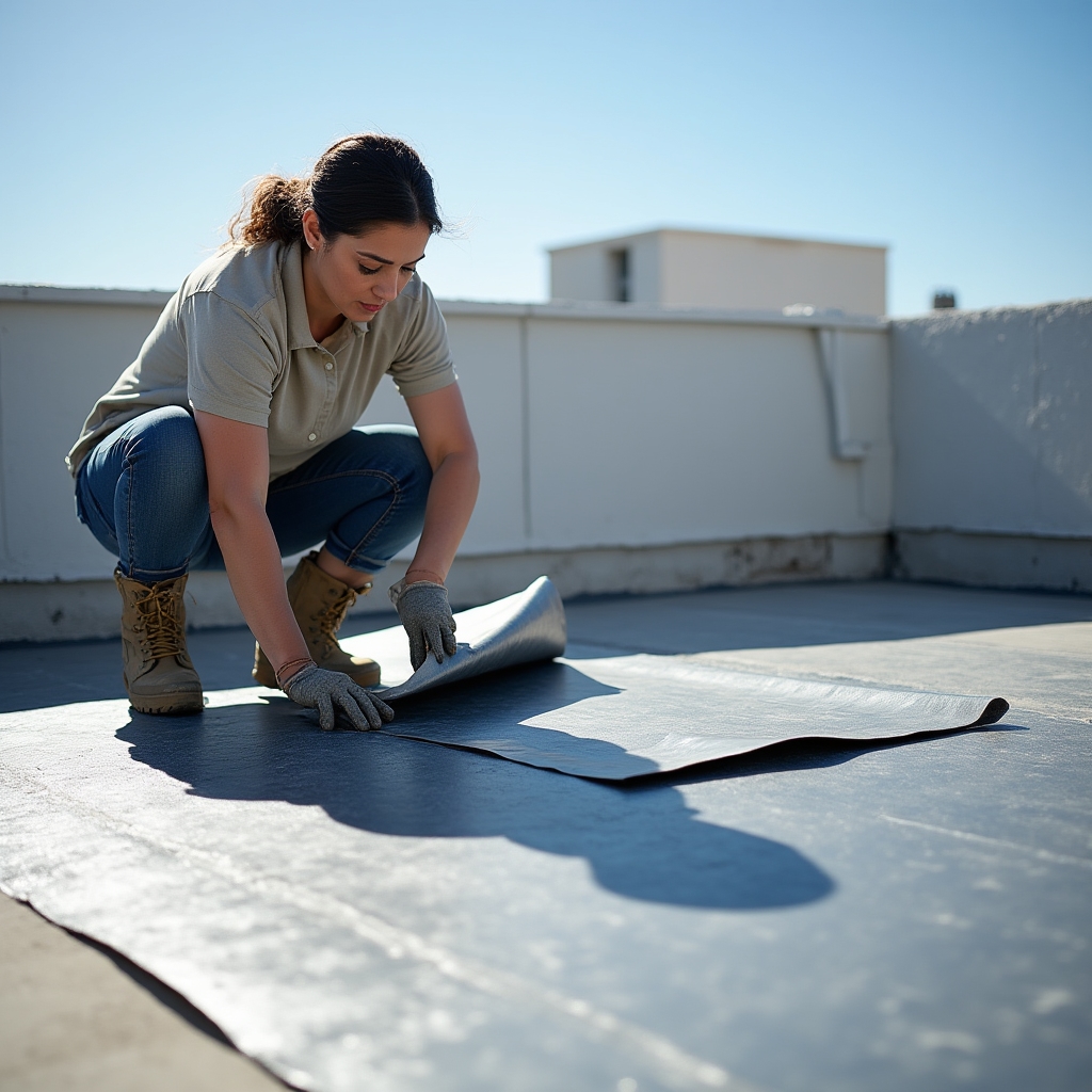 Self-adhesive waterproofing membrane being rolled out on a prepared terrace slab