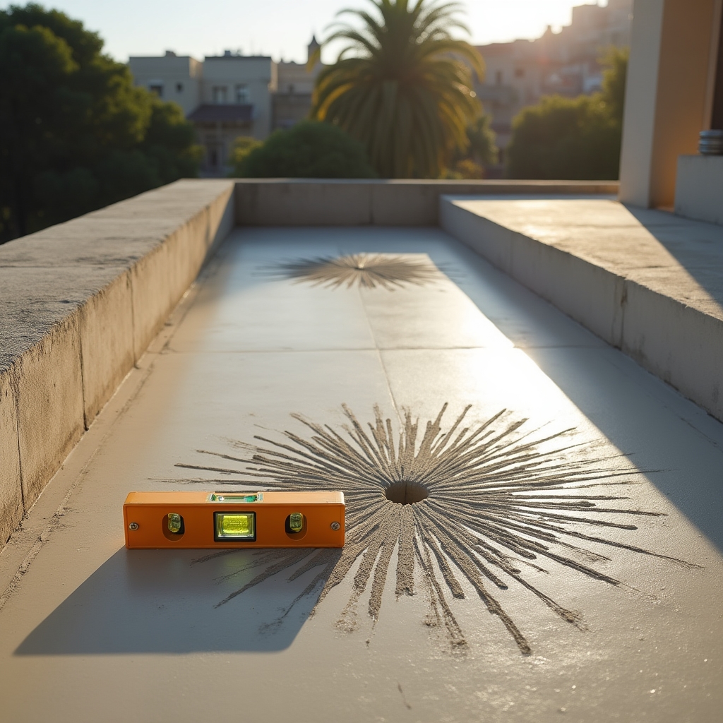 Mortar slope correction work being done on a terrace to improve drainage toward drain points