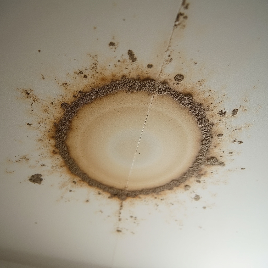 Water infiltration visible through terrace slab in a multi-story building